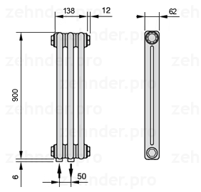 Схема (чертеж) Радиатор Zehnder Charleston 2090/3 №3470 Белый глянцевый RAL 9016